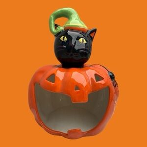 Ceramic Happy Halloween Candy Dish Candle Holder Pumpkin Black Cat